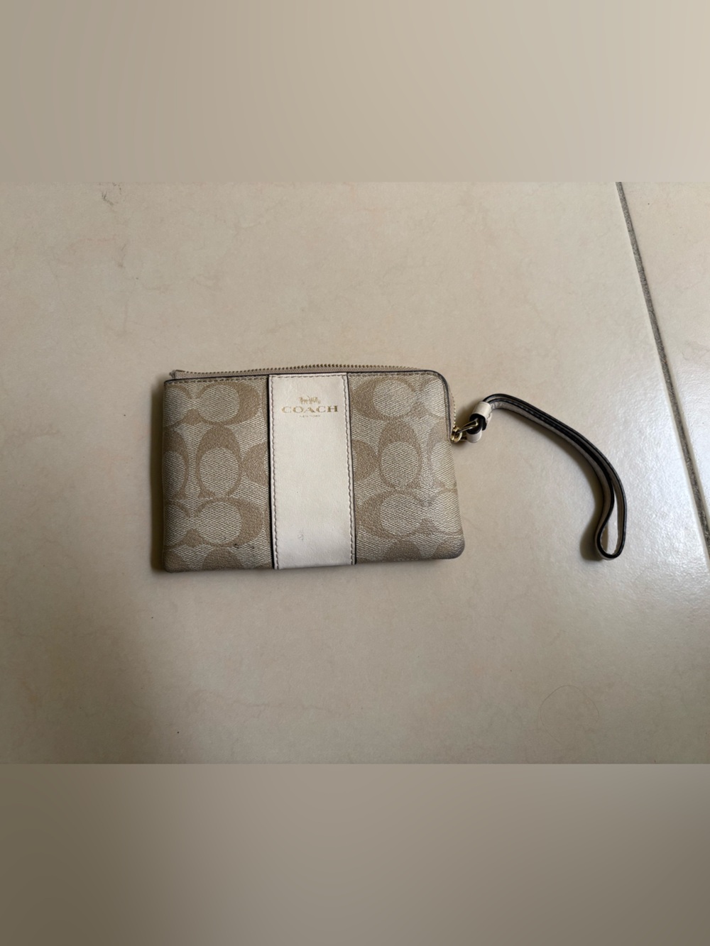 Coach Signature C Khaki Wristlet Wallet Cream Trim